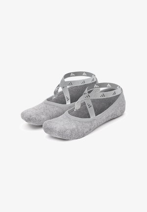 Gray ballet flats made of soft fabric with a textured finish, featuring crossover gray straps and a rounded toe design.