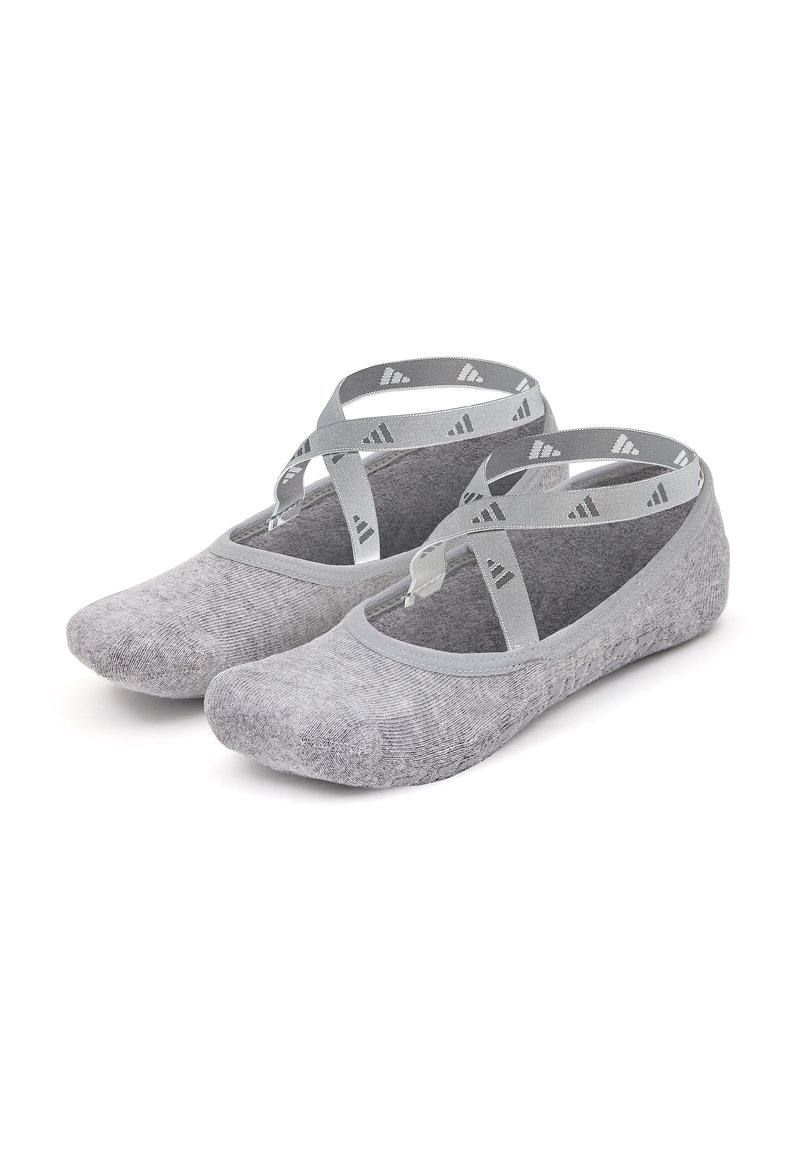 Gray ballet flats made of soft fabric with a textured finish, featuring crossover gray straps and a rounded toe design.