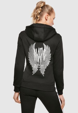 Black hoodie featuring a large, gray winged graphic and the word "HOPE" on the back. Fabric appears soft with a relaxed fit and adjustable hood.
