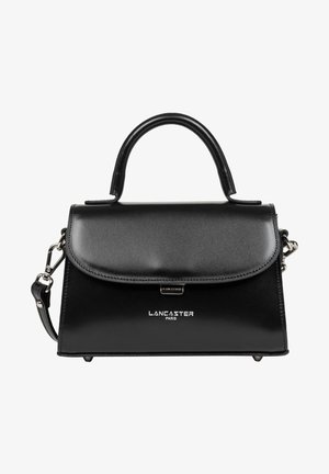 Black leather handbag with a structured design, top handle, detachable strap, magnetic closure, and silver hardware accents. Features branding.