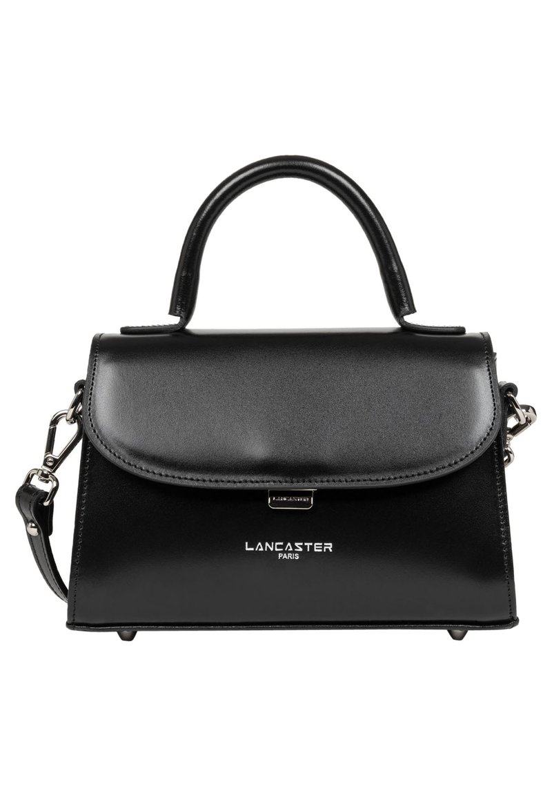 Borsa in pelle nera con design strutturato, manico superiore, tracolla removibile, chiusura magnetica e dettagli in hardware argentato. Presenta il marchio.