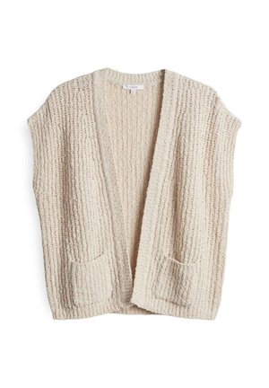 Beige, strukturierter Cardigan mit offener Front, zwei aufgesetzten Taschen und einem Rippdesign. Hat keine Ärmel und eine lockere Passform.