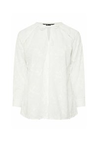 Blusa bianca con scollo rotondo, chiusura a lacci, ricami floreali e maniche a tre quarti con dettagli di cucitura decorativa.