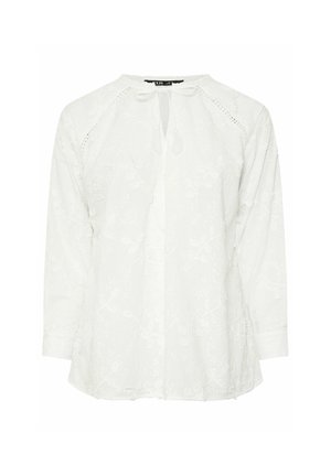 White blouse featuring a round neckline, tie closure, floral embroidery, and three-quarter sleeves with decorative stitching details.