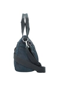 Borsa in tessuto nero, forma arrotondata, dotata di doppio manico e tracolla rimovibile. Accessori in metallo argentato con superficie texture.