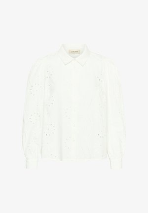 Bela srajca z gumbi, z ostrim ovratnikom, nabranimi rokavi, cvetlično vezenino in izvrtinjenimi detajli. Iz lahkotnega blaga.