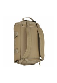 Borsa da viaggio beige con spallacci regolabili, tessuto resistente, manici laterali e fondo rinforzato. Presenta il logo sul lato.