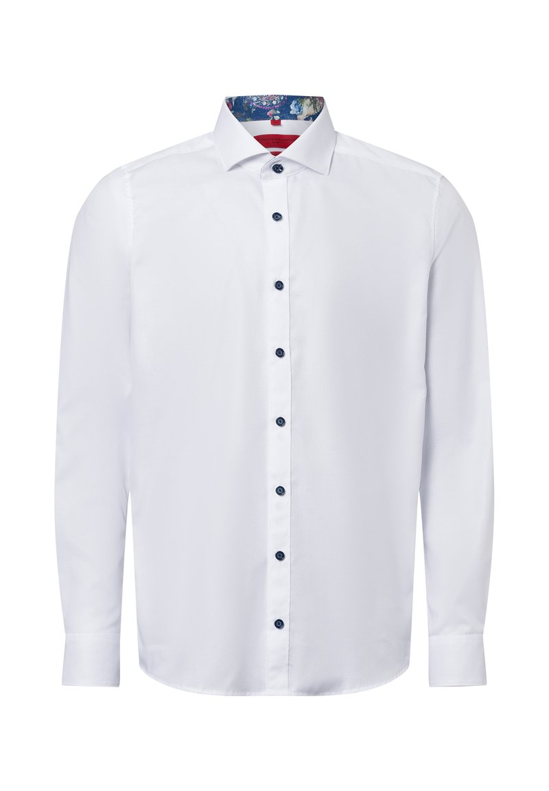 Weißes langärmliges Hemd mit strukturierter Oberfläche, mit einer Knopfleiste, marineblauen Knöpfen und einem blumemustered Innenkragen.