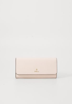 Light pink leather wallet with a textured surface, gold hardware logo, and a flap closure. Simple and rectangular design.
