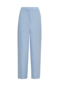 Pantalon bleu clair avec une coupe droite, fabriqué à partir d'un tissu lisse. Dispose d'une taille avec passants de ceinture et de poches latérales.