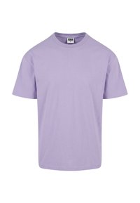 T-shirt en coton uni violet clair à manches courtes, col rond, taille moyenne, vue de face sur fond blanc.