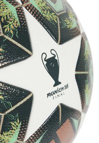 Foci labda csillag alakú mintázattal, fehér és fekete panelekből, bonyolult zöld mintákkal és UEFA Bajnokok Ligája trófea logóval.