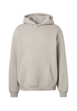 Lysebeige hættetrøje med front kangurulomme, ribstrikkede manchetter og kant, vist på hvid baggrund.