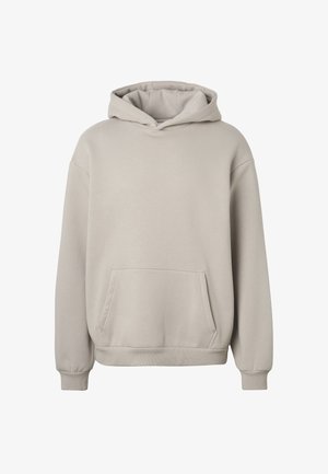 Lysebeige hættetrøje med front kangurulomme, ribstrikkede manchetter og kant, vist på hvid baggrund.