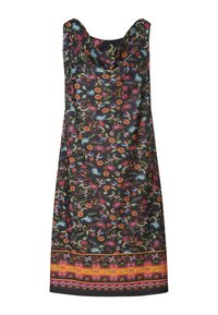 Schwarzes Kleid mit Blumenmuster, ausgestattet mit einem Wasserfallausschnitt, lebendigen mehrfarbigen Blumenmustern und einem Saum, der durch einen farbenfrohen Rand betont wird.