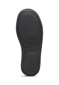 Sole di scarpa in gomma nera con superficie testurizzata, caratterizzata da nervature orizzontali e un motivo circolare. Numeri e logo del marchio impressi sul lato.