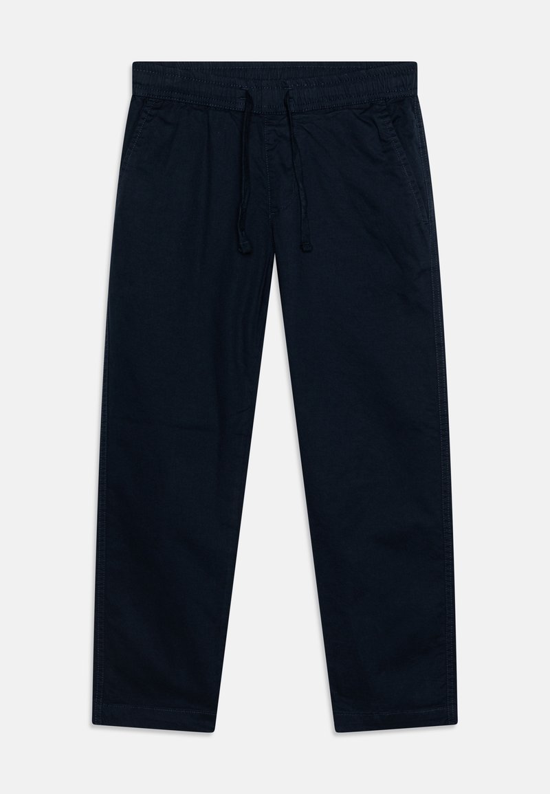 Pantalon décontracté bleu marine avec taille élastique et cordon ajustable, coupe droite et poches latérales.