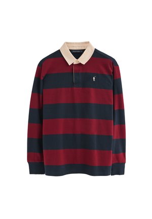 Langarm polo shirt in rood en marineblauw gestreept, met een beige kraag en een klein geborduurd logo op de borst. Katoenen materiaal.