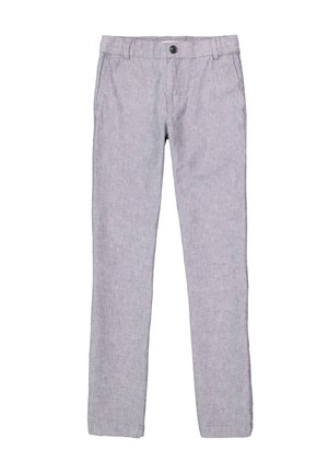 Lichtgrijze, rechte broek van een gestructureerde stof, met een knoopsluiting en zijzakken. Eenvoudig en minimalistisch ontwerp.