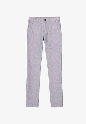 Lichtgrijze, rechte broek van een gestructureerde stof, met een knoopsluiting en zijzakken. Eenvoudig en minimalistisch ontwerp.