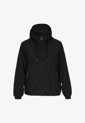 Must mustaga, millel on kapuuts, elastsed mansetid, tõmblukkudega esikotid ja nööriga reguleeritavad elemendid. Sile kangatekstuur, minimaalne disain.