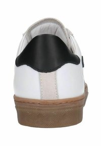 Weiße Sneakers mit schwarzem Fersenakzent, beigem Streifen und Gummisohle. Glattes Material mit minimalistischem Design und strukturierten Mustern auf der Sohle.