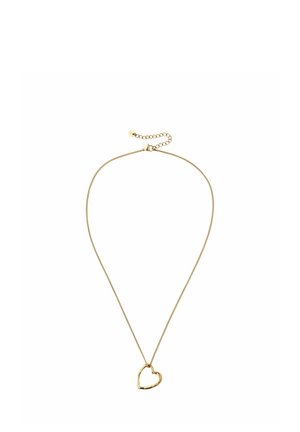 Collier délicat en chaîne d'or avec un pendentif en forme de cœur ouvert et un fermoir réglable sur fond blanc.