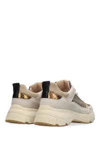 Jasnoszare sneakersy z siateczkową cholewką, czarnymi akcentami i metaliczno-złotym elementem. Gruba podeszwa z teksturowanym wzorem bieżnika.