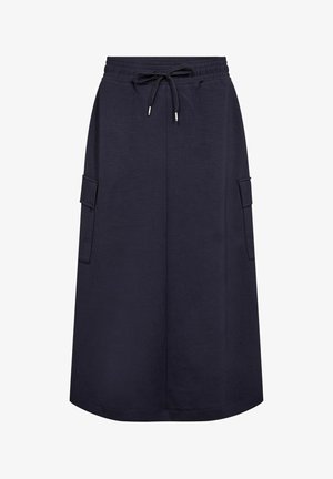 Tmavomodrá sukňa vyrobená z mäkkej látky, s elastickým pásom na šnúrku, dvoma bočnými cargo vreckami a rovnými strihom.