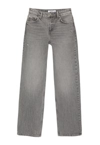 Jean en denim gris à jambe droite avec une taille haute, des passants de ceinture, un bouton à l'avant, une fermeture éclair et un design à cinq poches.