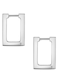 Sudraba taisnstūra gredzenu auskari ar pulētu virsmu, noapaļotām malām un sviras aizdari ērtai uzlikšanai.