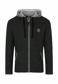 Haut à capuche zippé gris foncé avec une capuche en contraste gris clair, tissu texturé, poches avant et un logo rond sur la poitrine gauche.