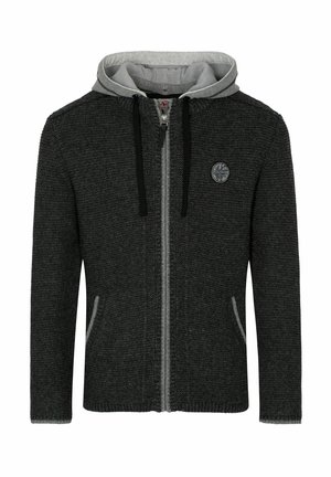 Dunkelgrauer Reißverschluss-Hoodie mit einer kontrastierenden hellgrauen Kapuze, strukturiertem Stoff, Fronttaschen und einem runden Logo auf der linken Brust.