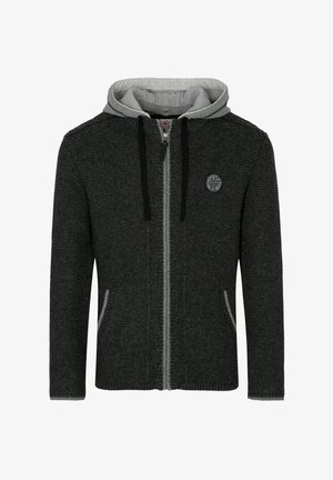Dunkelgrauer Reißverschluss-Hoodie mit einer kontrastierenden hellgrauen Kapuze, strukturiertem Stoff, Fronttaschen und einem runden Logo auf der linken Brust.