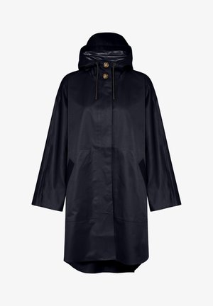 Tamsiai mėlynas vandeniui atsparus lietpaltis su kibiru, dviem priekinėmis kišenėmis ir dviem mygtukais. Turi tiesų kirpimą ir lygų paviršių.