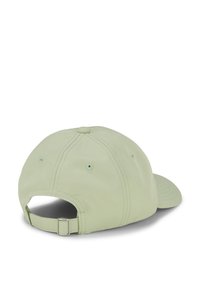 Hellgrüner Baseballcap mit gebogenem Schild, verstellbarem Riemen hinten und bestickten Belüftungsösen auf der Krone.