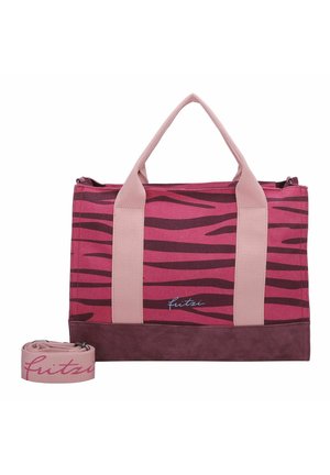 Pink and brown fabric tote bag with a tiger stripe pattern, featuring two pink handles and a dark brown base. Includes a matching strap.