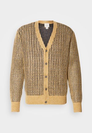 Kootud kardigan sinepi ja merevaiguvärvi, millel on struktureeritud muster, V-kaelus ja viis nuppu ees. Pikkade varrukatega.