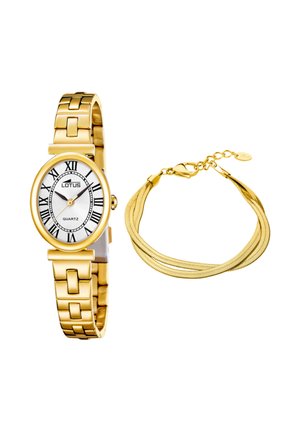 Złoty zegarek na rękę Gold Lotus z cyframi rzymskimi oraz pasująca wielorzędowa złota bransoletka z zapięciem typu karabińczyk na białym tle.