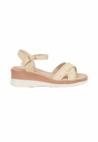 Sandali wedge beige con cinturini incrociati, caratterizzati da una tomaia texturizzata, una cinghia alla caviglia regolabile e una piattaforma in contrasto simile al legno.