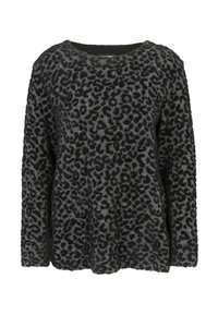 Langärmliger, flauschiger Pullover mit schwarz und dunkelgrauem Leopardenmuster und rundem Ausschnitt.