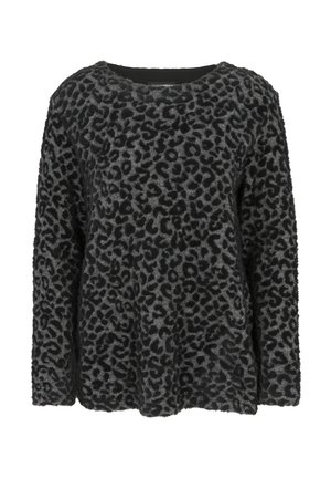 Langärmliger, flauschiger Pullover mit schwarz und dunkelgrauem Leopardenmuster und rundem Ausschnitt.