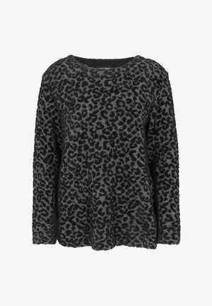 Langärmliger, flauschiger Pullover mit schwarz und dunkelgrauem Leopardenmuster und rundem Ausschnitt.