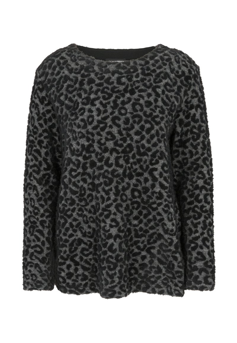 Langärmliger, flauschiger Pullover mit schwarz und dunkelgrauem Leopardenmuster und rundem Ausschnitt.