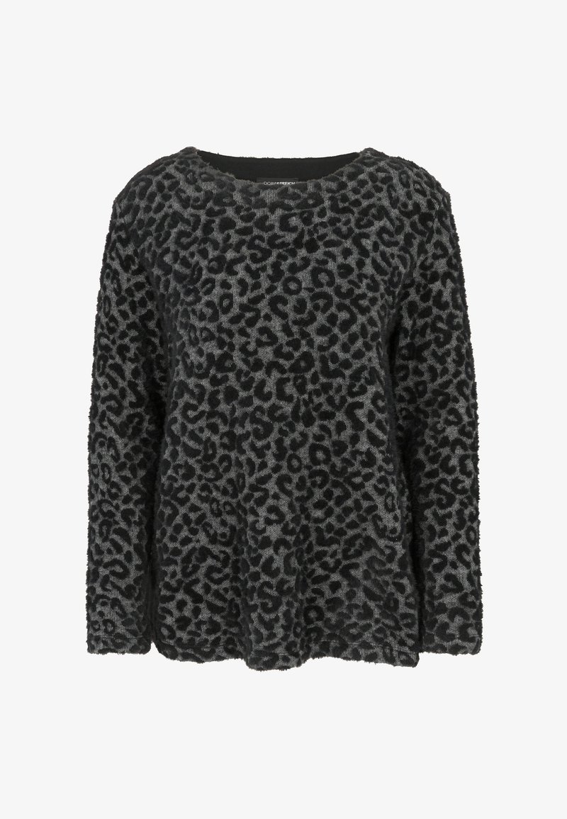 Long-sleeve fuzzy sweater with black and dark gray leopard print pattern and a rounded neckline.