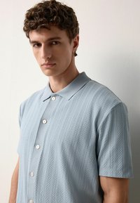 Hellblaues Polohemd mit kurzen Ärmeln, das strukturierte vertikale Streifen aufweist und eine Knopfleiste mit weißen Knöpfen sowie einen klassischen Kragen hat.