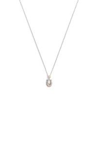 Collier en chaîne argenté avec un pendentif en forme de U orné de strass transparents et d'une petite pierre ronde en haut.