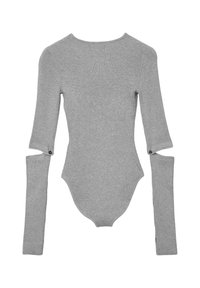 Grauer gerippter Body mit langen Ärmeln und Ausschnitten an den Ellbogen. Das Material ist dehnbar, hat eine glatte Textur und eine figurschmeichelnde Passform.