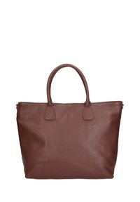 Bruine leren totebag met een gestructureerde afwerking, twee stevige handvatten en een ritssluiting. Eenvoudige rechthoekige vorm zonder zichtbare versieringen.