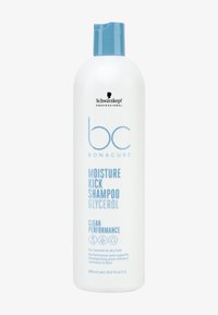 Bouteille en plastique blanche avec des accents bleus ; étiquetée « BC Bonacure Moisture Kick Shampoo Glycerol » ; taille 500 ml. Design lisse et arrondi.